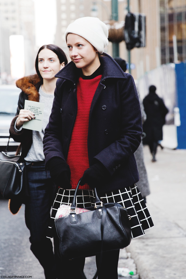 New_York_Fashion_Week-Street_Style-Fall_Winter-2015-Stripes_Fur_Coat-White_Boots-Checked_Skirt-Red_Jumper-White_Beanie-