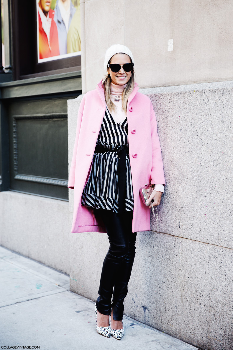New_York_Fashion_Week-Street_Style-Fall_Winter-2015-Stripes_Fur_Coat-White_Boots-Helena_Bordon-Pink_Coat-BEanie-Leather_Trousers-