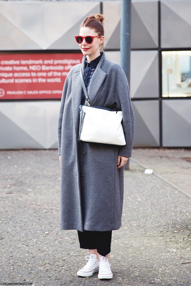 London_Fashion_Week-Street_Style-Fall_Winter_14-Grey_Coat-White_Bag-Red_Sunglasses-