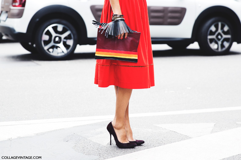 Milan_Fashion_Week_Spring_Summer_15-MFW-Street_Style-Red_Dress-Striped_Bag-