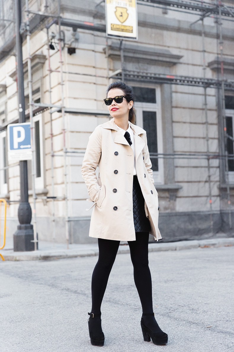 White_Shirt-Black_Bow-Leather_Skirt-Trench_Coat-Forever_21_Madrid-Outfit-Street_Style-Collage_Vintage-5