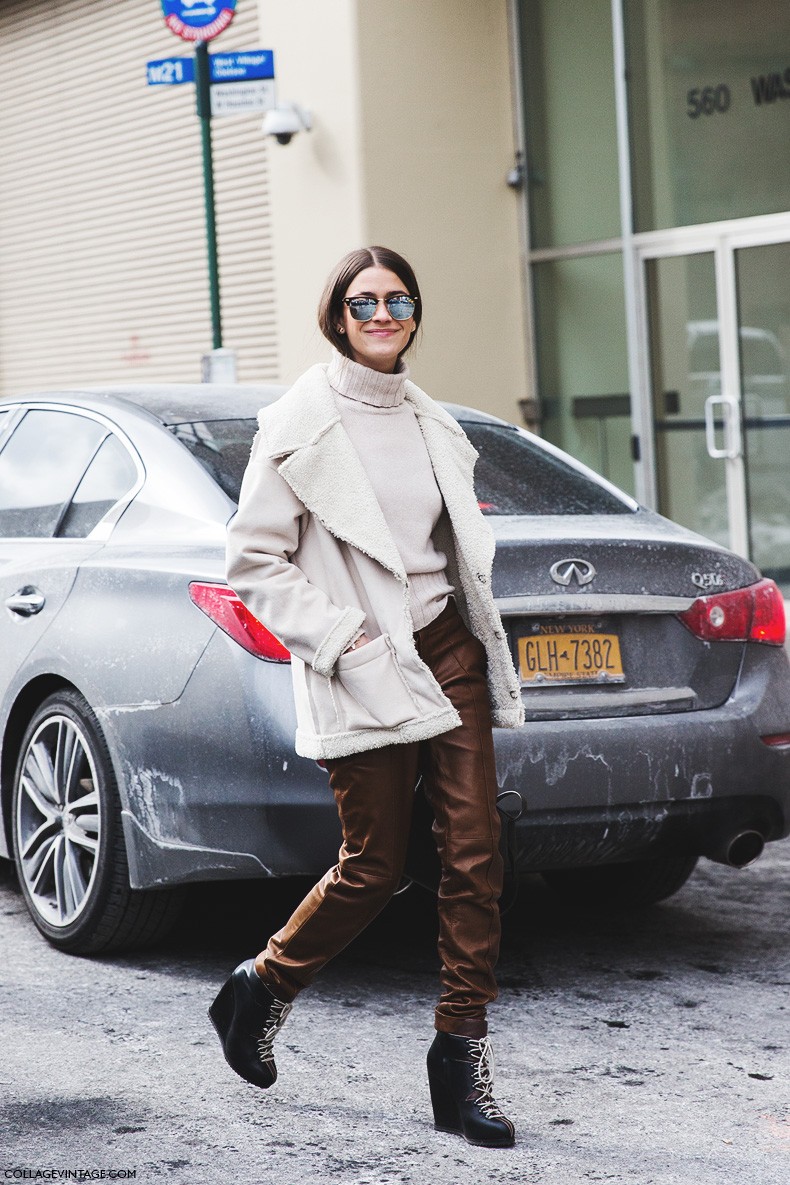 New_York_Fashion_Week-Fall_Winter_2015-Street_Style-NYFW-Amanda_Weiner-White_Coat-Brown_Trousers-Wedges_Boots-