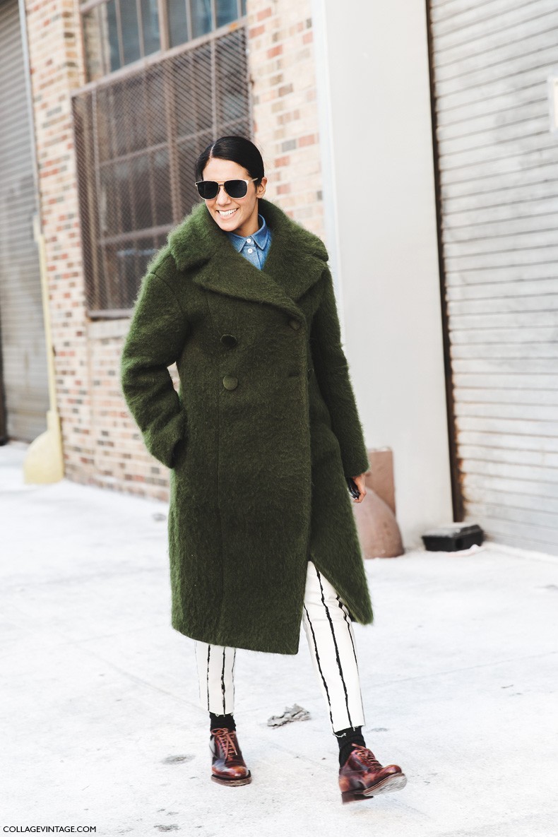 New_York_Fashion_Week-Fall_Winter_2015-Street_Style-NYFW-Green_Coat-Striped_Trousers-OXfords-