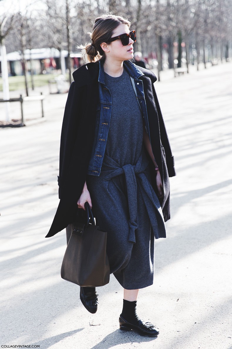 Paris_Fashion_Week-Fall_Winter_2015-Street_Style-PFW-Grey_Dress-Loaffers-Maxi_Coat-Denim_Jacket-