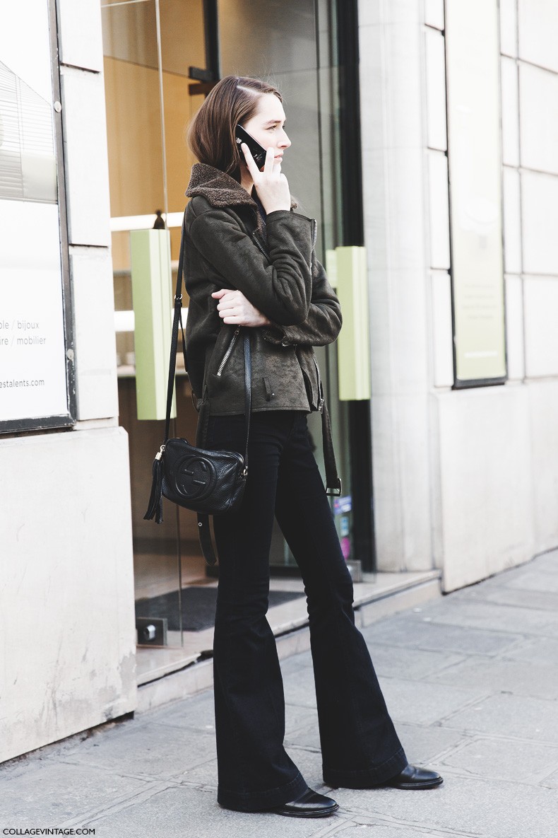 Paris_Fashion_Week-Fall_Winter_2015-Street_Style-PFW-Model_Shearling_Jacket-Flared_Jeans-Gucci_Disco_Bag-