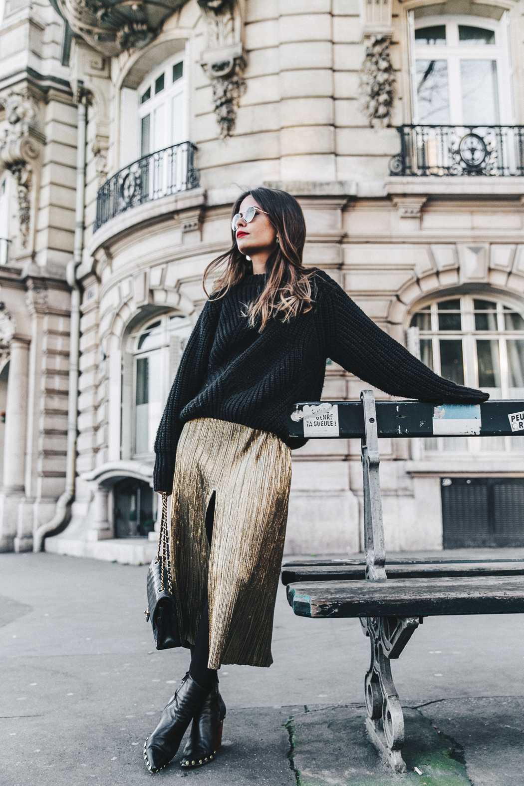 Metallic_Dress-Gold_Skirt-Pleated-Celine_Boots-Outfit-Paris-PFW-Street_Style-16