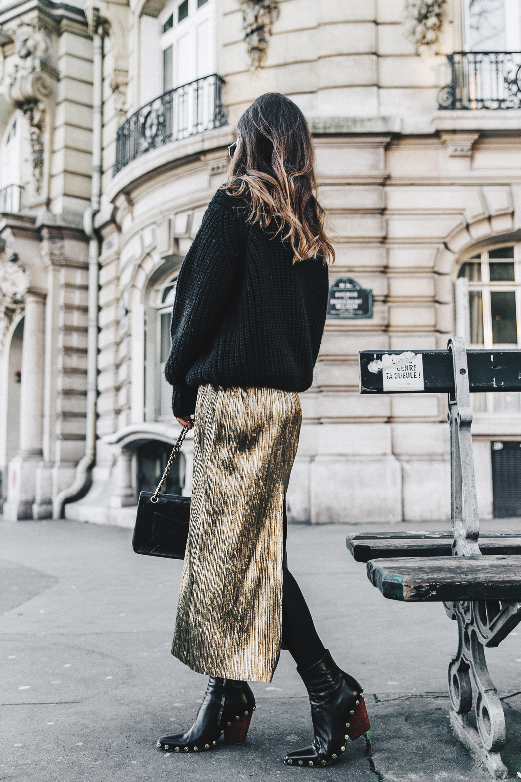 Metallic_Dress-Gold_Skirt-Pleated-Celine_Boots-Outfit-Paris-PFW-Street_Style-29