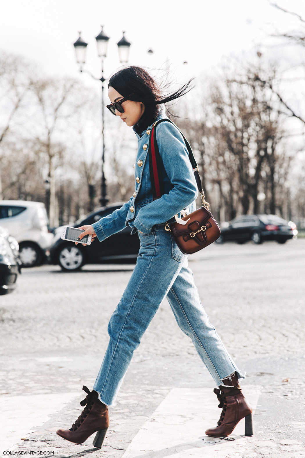 PFW-Paris_Fashion_Week_Fall_2016-Street_Style-Collage_Vintage-Yoyo_Cao-Denim_Outfit-Gucci_Bag-Chloe_Lace_Up_Sandals-2