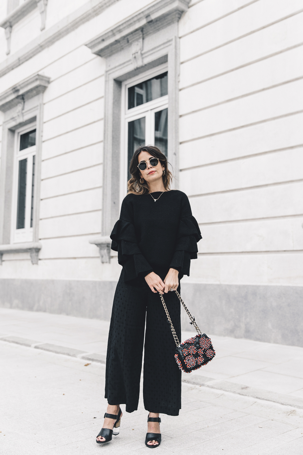 Ruffled_Sleeves_Jumper-Black_Culottes-Dune_Sandals-Beaded_Bag-Outfit-Collage_Vintage-Street_Style-12