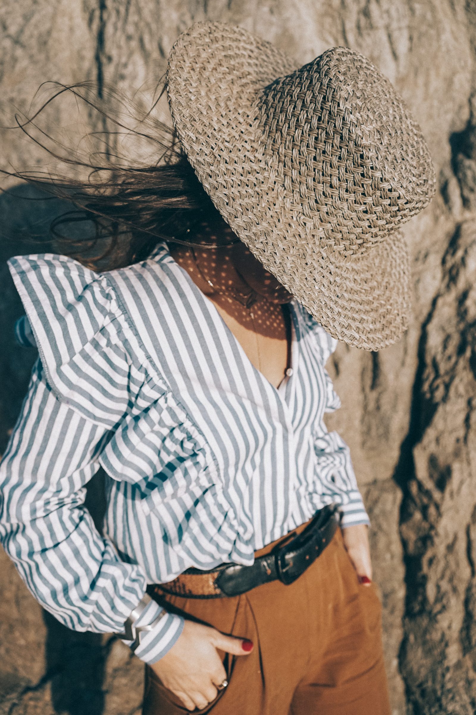 stripped_blouse-camel_trousers-lack_of_color_hat-wanderlust_jewels-matador_beach-malibu-golden_goose_sneakers-street_style-collage_vintage-156